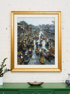 Original Oil on Canvas Thai Impressionist River Marketplace by Patamares Livisit
