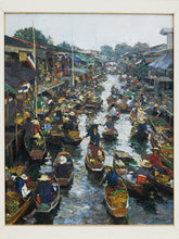 Load image into Gallery viewer, Original Oil on Canvas Thai Impressionist River Marketplace by Patamares Livisit
