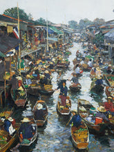 Load image into Gallery viewer, Original Oil on Canvas Thai Impressionist River Marketplace by Patamares Livisit
