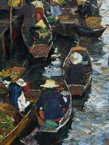 Original Oil on Canvas Thai Impressionist River Marketplace by Patamares Livisit