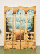 Load image into Gallery viewer, Hand Painted Trompe L&#39;oeil Folding Screen Depicting a Body of Water Columned Balcony

