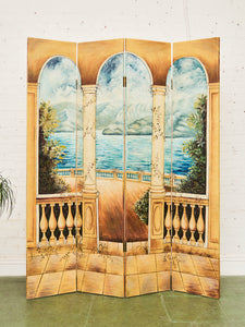 Hand Painted Trompe L'oeil Folding Screen Depicting a Body of Water Columned Balcony