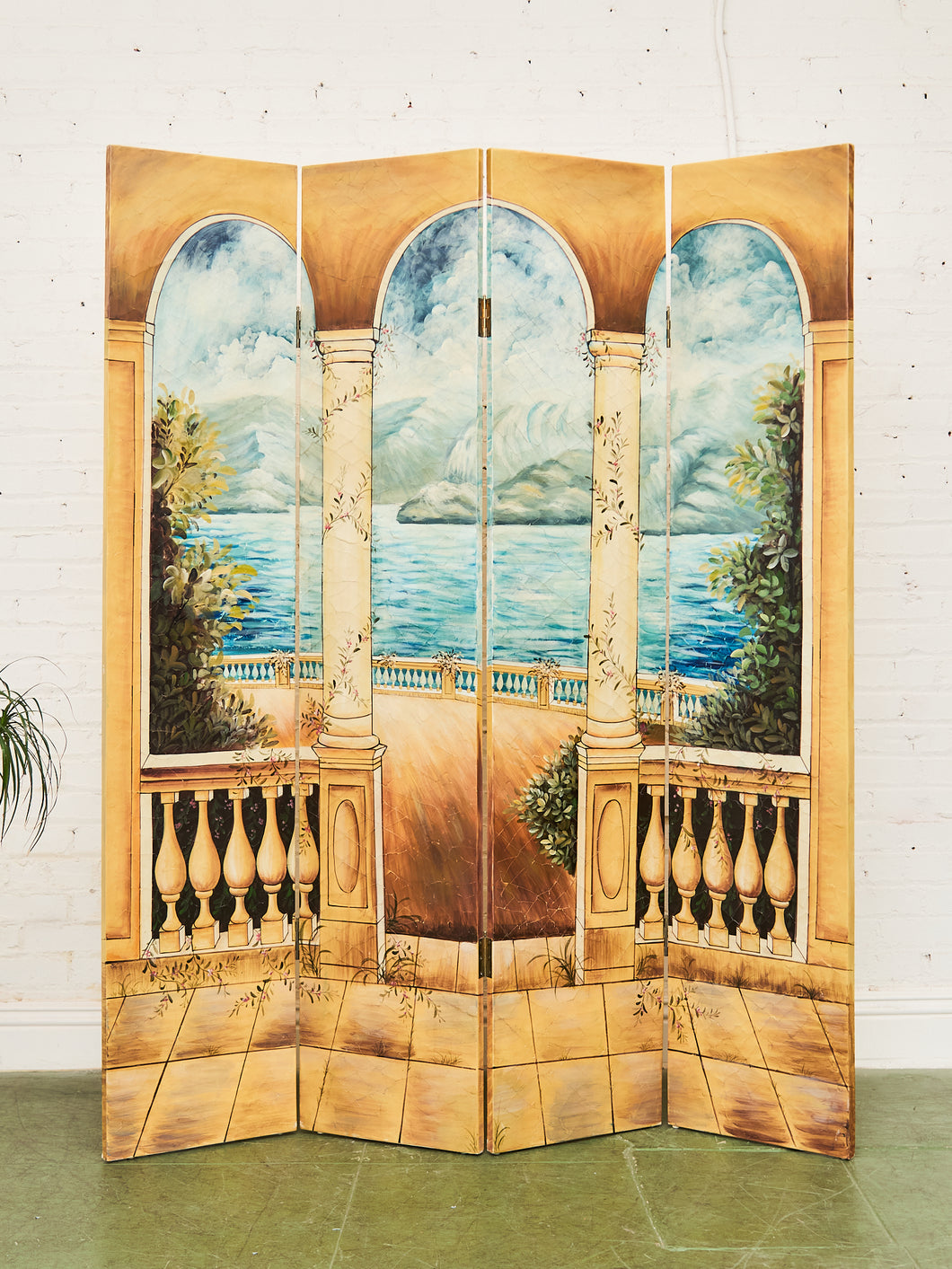 Hand Painted Trompe L'oeil Folding Screen Depicting a Body of Water Columned Balcony