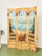 Load image into Gallery viewer, Hand Painted Trompe L&#39;oeil Folding Screen Depicting a Body of Water Columned Balcony
