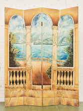Load image into Gallery viewer, Hand Painted Trompe L&#39;oeil Folding Screen Depicting a Body of Water Columned Balcony
