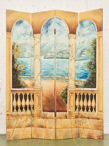 Hand Painted Trompe L'oeil Folding Screen Depicting a Body of Water Columned Balcony