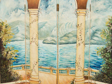 Load image into Gallery viewer, Hand Painted Trompe L&#39;oeil Folding Screen Depicting a Body of Water Columned Balcony
