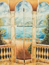 Load image into Gallery viewer, Hand Painted Trompe L&#39;oeil Folding Screen Depicting a Body of Water Columned Balcony
