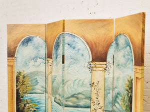 Hand Painted Trompe L'oeil Folding Screen Depicting a Body of Water Columned Balcony