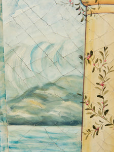Hand Painted Trompe L'oeil Folding Screen Depicting a Body of Water Columned Balcony
