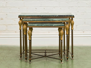 Antique French Napoleonic Style, Green Marble Topped Gilt Bronze Nesting Tables