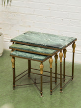 Load image into Gallery viewer, Antique French Napoleonic Style, Green Marble Topped Gilt Bronze Nesting Tables
