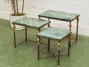 Antique French Napoleonic Style, Green Marble Topped Gilt Bronze Nesting Tables