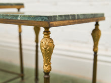 Load image into Gallery viewer, Antique French Napoleonic Style, Green Marble Topped Gilt Bronze Nesting Tables
