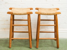 Load image into Gallery viewer, 1950s Solid Maple and Rush Seat Counter Stools Bar Stools, a Pair
