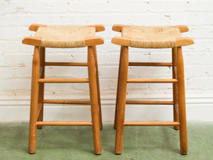 1950s Solid Maple and Rush Seat Counter Stools Bar Stools, a Pair