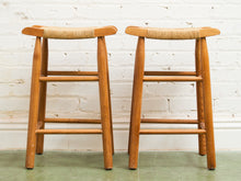Load image into Gallery viewer, 1950s Solid Maple and Rush Seat Counter Stools Bar Stools, a Pair
