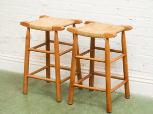 1950s Solid Maple and Rush Seat Counter Stools Bar Stools, a Pair