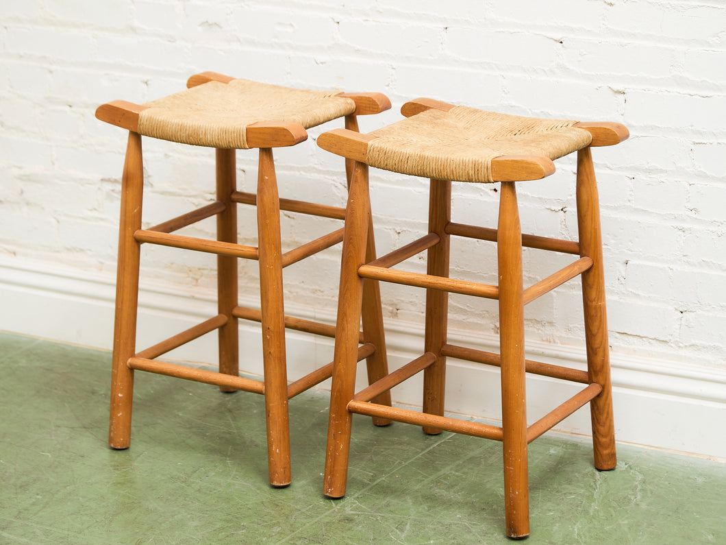 1950s Solid Maple and Rush Seat Counter Stools Bar Stools, a Pair