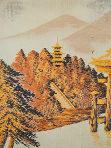Vintage Japan Silk Hand Embroidered Tapestry Torii Shinto Shrine Gate & Minks Bridge