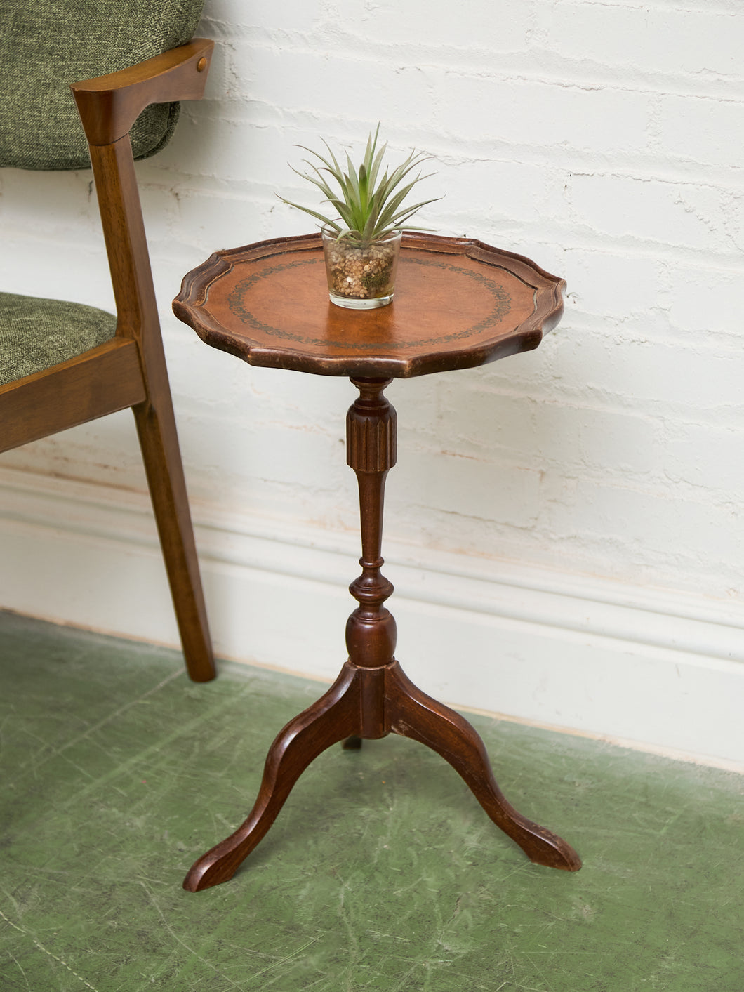 Late 20th Century Pedestal Tripod Tooled Leather Top Mahogany Candle Stand