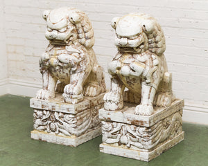 Pair of Monumental Carved Ox Bone Guardian Lions on Plinths