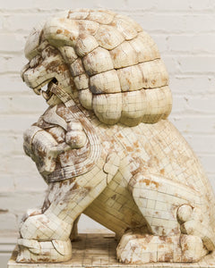 Pair of Monumental Carved Ox Bone Guardian Lions on Plinths