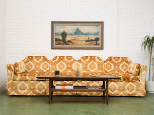 1970s Sculpted Triple Back Velvet Damask Sofa