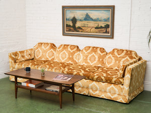 1970s Sculpted Triple Back Velvet Damask Sofa