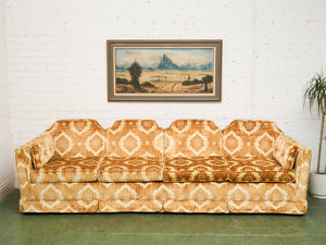 1970s Sculpted Triple Back Velvet Damask Sofa