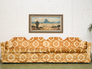 1970s Sculpted Triple Back Velvet Damask Sofa