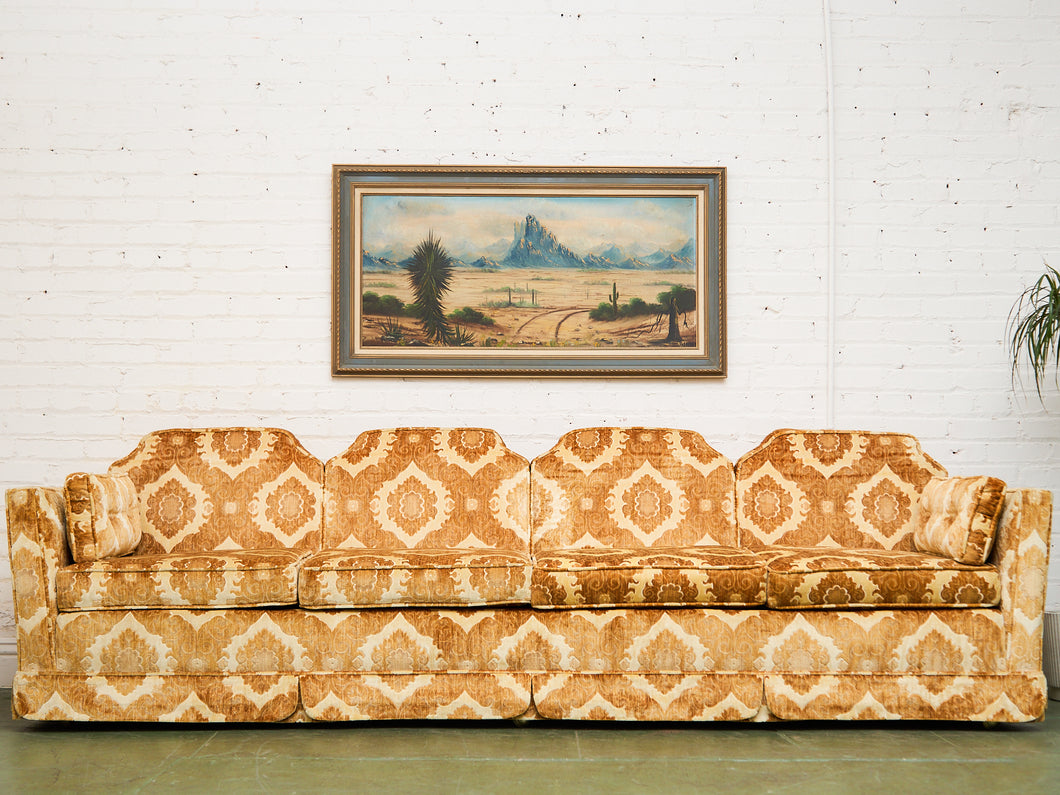 1970s Sculpted Triple Back Velvet Damask Sofa
