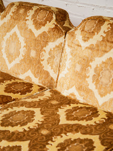 1970s Sculpted Triple Back Velvet Damask Sofa