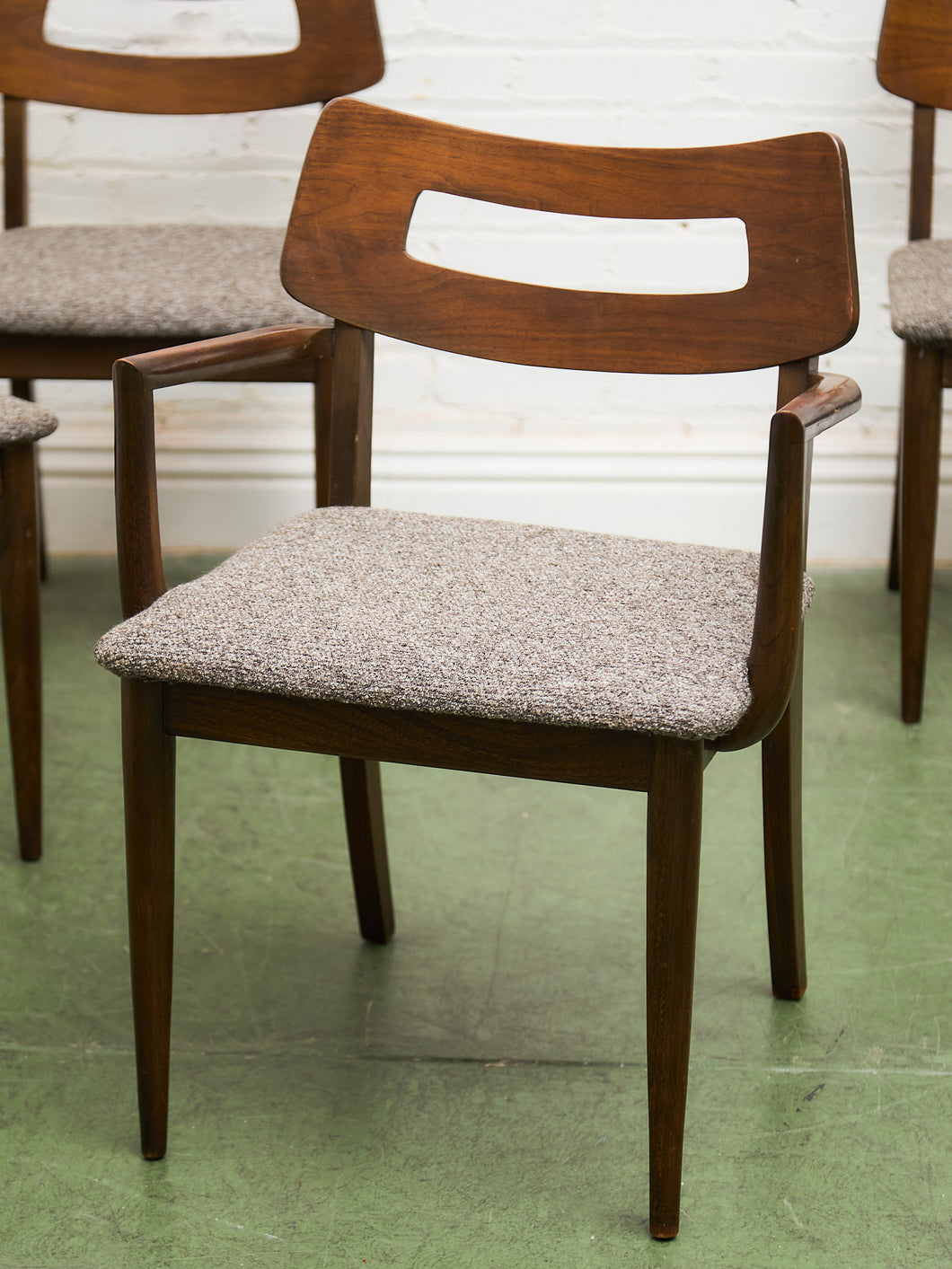 Mid Century Broyhill Walnut and Vinyl Seat Upholstered Chairs