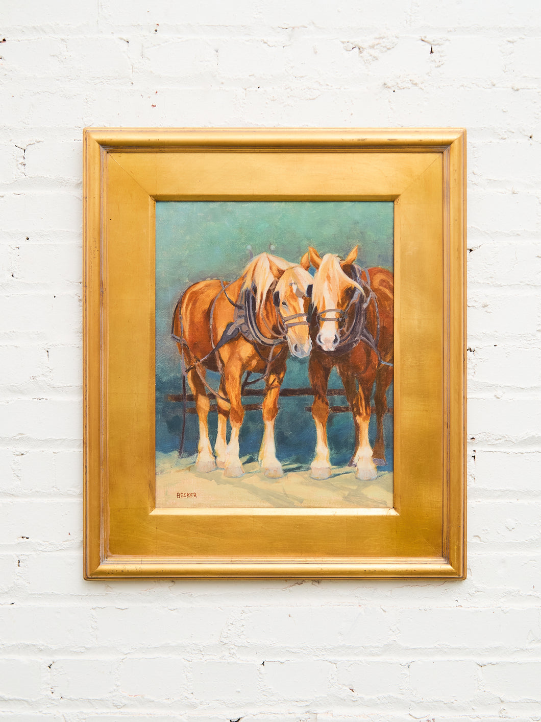 Draft Horses in Harness Oil Painting Signed by Becker