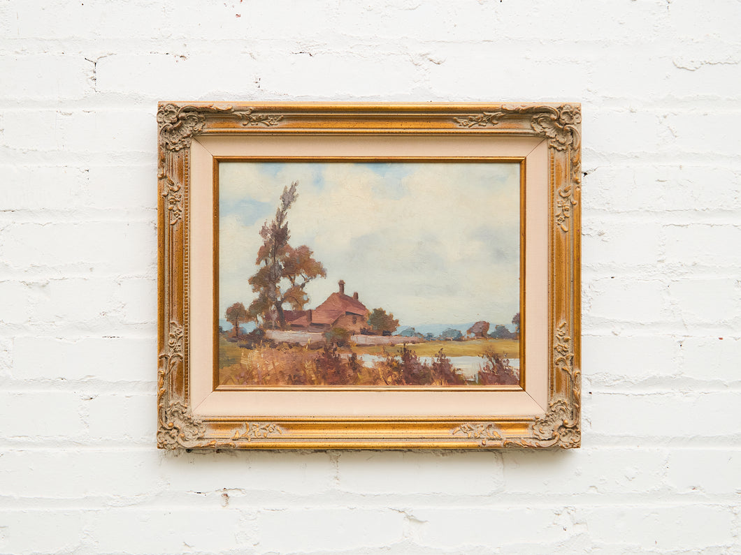 Cottage by the Fields impressionist Vintage Oil Landscape