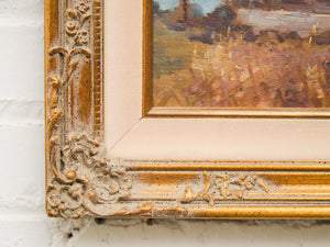 Cottage by the Fields impressionist Vintage Oil Landscape