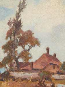 Cottage by the Fields impressionist Vintage Oil Landscape