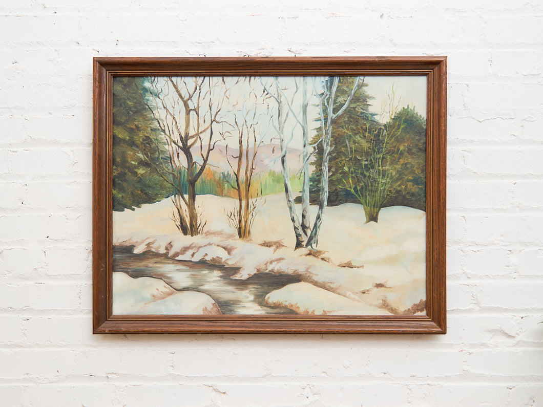 Vintage Winter Stream Through the Birch Trees Painting