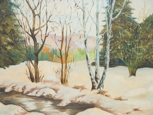 Vintage Winter Stream Through the Birch Trees Painting