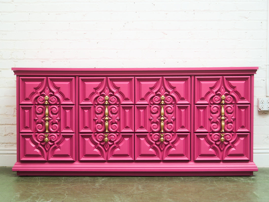 Fuchsia Ornate Hollywood Regency Large 12 Drawer Dresser