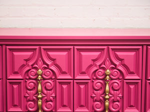 Fuchsia Ornate Hollywood Regency Large 12 Drawer Dresser