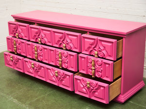 Fuchsia Ornate Hollywood Regency Large 12 Drawer Dresser