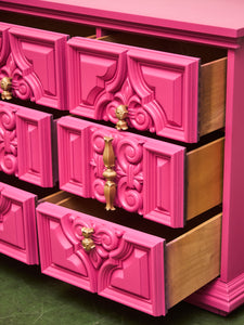 Fuchsia Ornate Hollywood Regency Large 12 Drawer Dresser