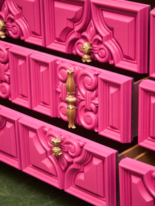 Fuchsia Ornate Hollywood Regency Large 12 Drawer Dresser