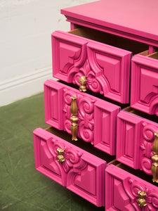 Fuchsia Ornate Hollywood Regency Large 12 Drawer Dresser