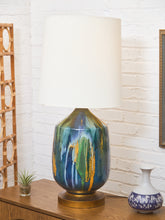 Load image into Gallery viewer, Yellow Turquoise Blue Glazed Pottery Lamp Large
