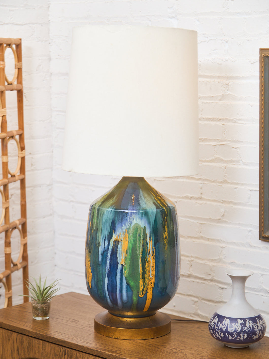 Yellow Turquoise Blue Glazed Pottery Lamp Large