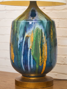 Yellow Turquoise Blue Glazed Pottery Lamp Large