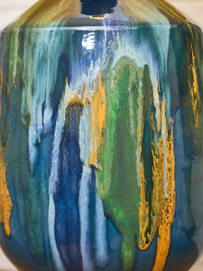 Yellow Turquoise Blue Glazed Pottery Lamp Large